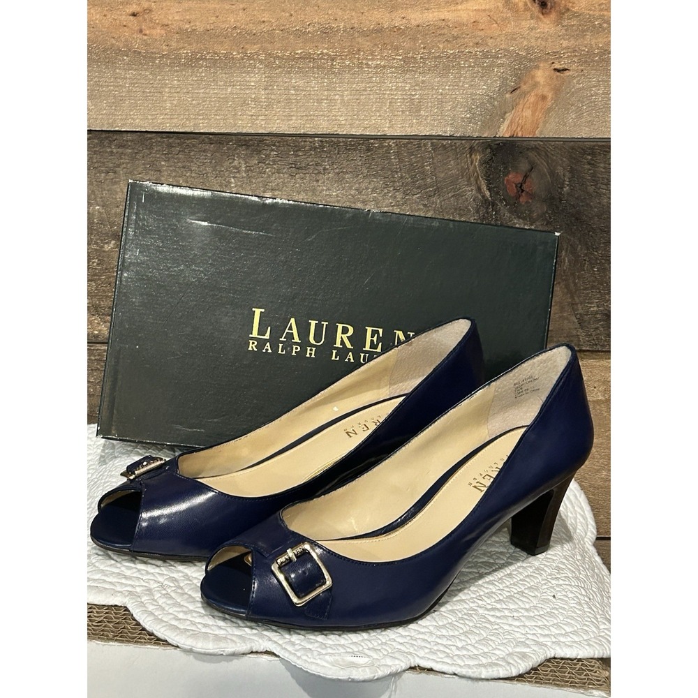 Lauren Ralph Lauren Blue Leather Peep Toe Pumps Heels Shoes Buckles Size‎ 7.5